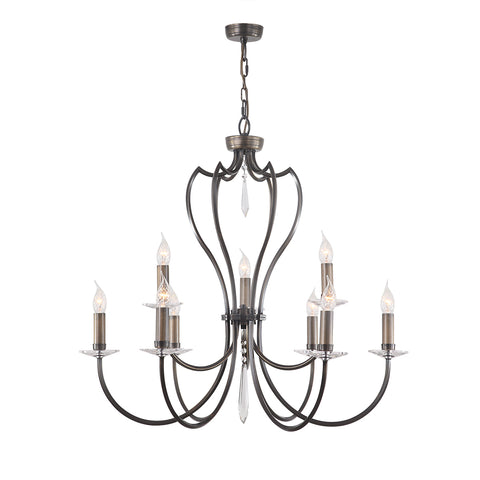 The Elstead Pimlico 9 light large birdcage chandelier in the dark bronze finish is manufactured from a solid brass square section tube, with graceful curved arms, candle-style lights, and heavy cut glass sconces and drops to complement the mellow bronze finish