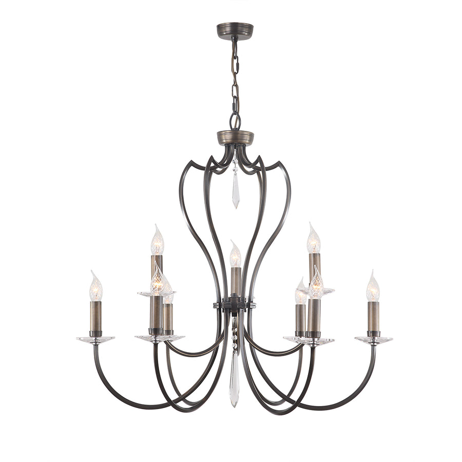 The Elstead Pimlico 9 light large birdcage chandelier in the dark bronze finish is manufactured from a solid brass square section tube, with graceful curved arms, candle-style lights, and heavy cut glass sconces and drops to complement the mellow bronze finish