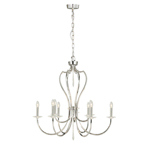 The Elstead Pimlico 9 light large birdcage chandelier in polished nickel finish is manufactured from solid brass square section tube, with graceful curved arms, candle style lights, and heavy cut glass sconces and drops to complement the polished nickel finish.