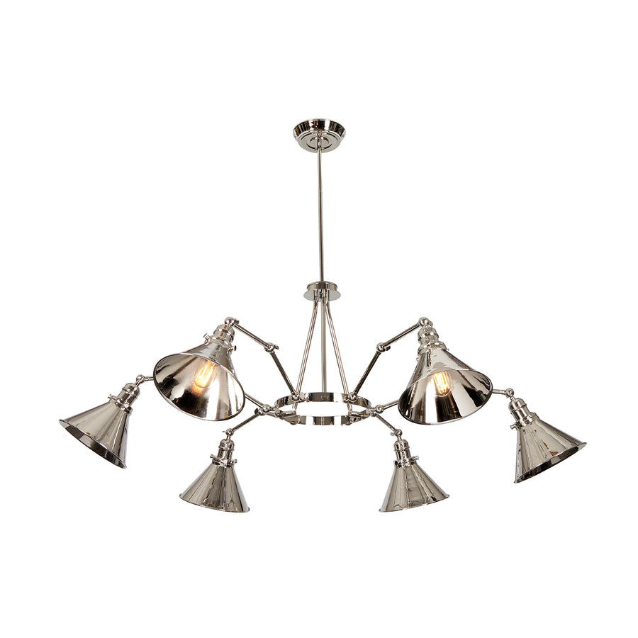 This Elstead Provence 6 light chandelier in polished nickel finish with adjustable arms is large and features a vintage retro style. This versatile chandelier features a circular ceiling mount, rod suspension, and central support ring, with six arms attached and fitted with conical bright nickel shades. Each arm is fitted with an adjustable knuckle at the mount, in the middle, and at the shade allowing for almost infinite adjustment.
