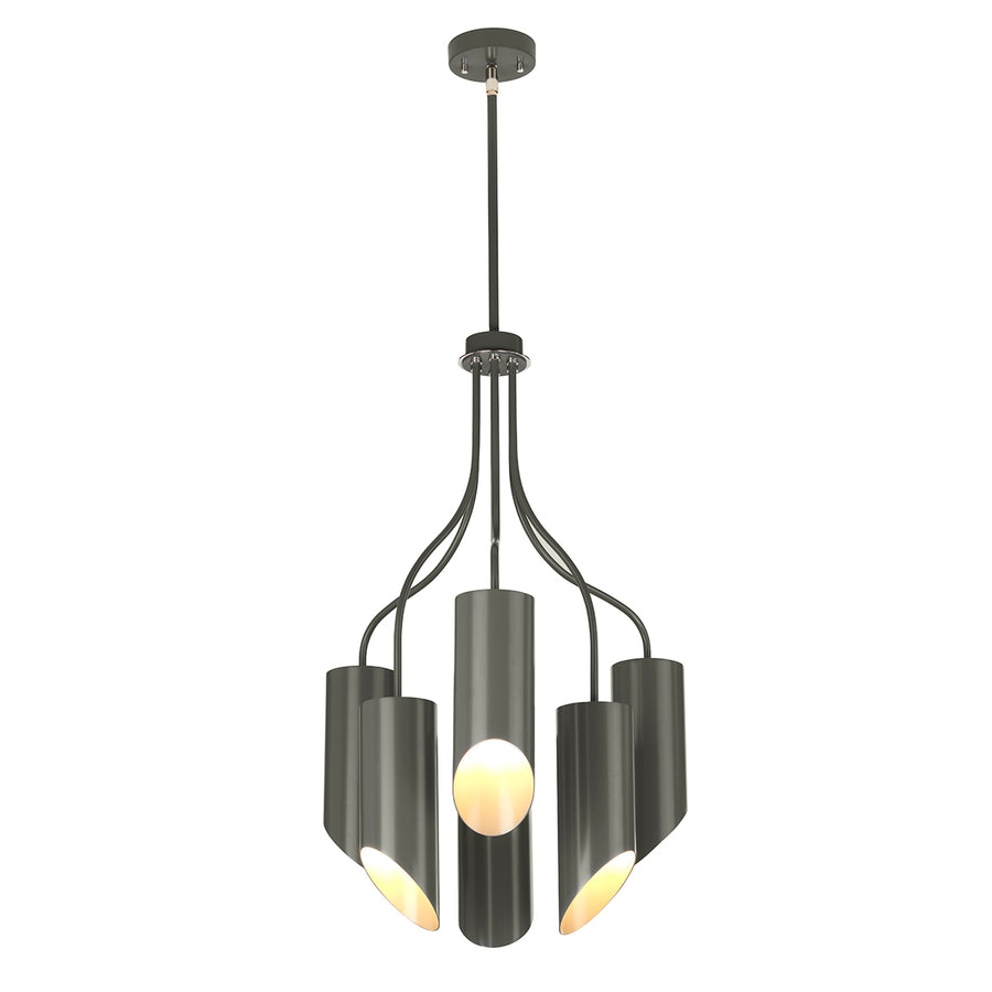 The Elstead Quinto 6 light modern chandelier in dark grey with polished nickel accents features clean lines and a contemporary style. Circular ceiling mount and height adjustable rod, with lower gallery supporting six downward-facing slash-cut cylinder shades. Supplied with two 30cm, two 15cm, and one 7.5cm rod that can be used in any combination.