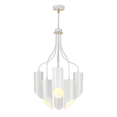 The Elstead Quinto 6 light modern chandelier in gloss white with aged brass accents features clean lines and a contemporary style. Circular ceiling mount and height adjustable rod, with lower gallery supporting six downward-facing slash-cut cylinder shades. Supplied with two 30cm, two 15cm, and one 7.5cm rod that can be used in any combination.