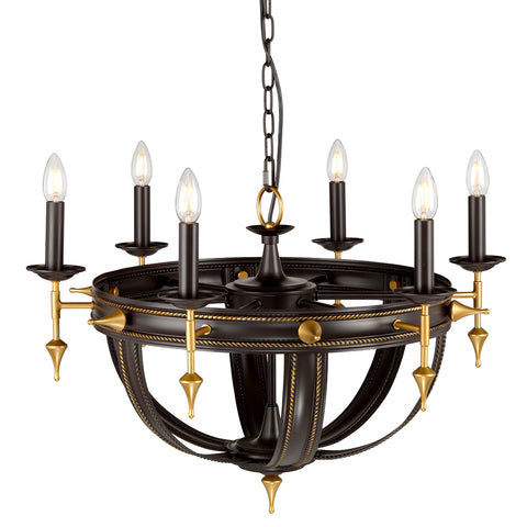 This Elstead Regal 6 light chandelier in oil-rubbed bronze and gold is stunning and features traditional elements in a transitional style. Ceiling mount, chain suspension, and cartwheel top in dark bronze, with a curved lower body forming a half-globe. Six golden arms sit on the outside, with metal candle pans, matching candle tubes, and drop finials. The body is decorated with rope detail and spike finials in painted gold that contrasts beautifully with the dark bronze.