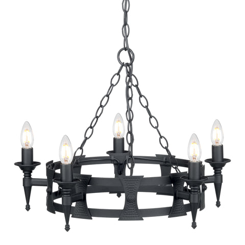This Elstead Saxon black and silver wrought iron 3 light cartwheel chandelier has two metal bands for the cartwheel rim, with hand-crafted beaten shields decorating the outer rim. Each of the three torchière light arms is mounted on a shield and features tapered finials and forged metal candle pans. It is all suspended from three chains attached to a central chain hanging from a circular ceiling mount.