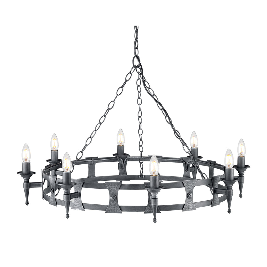 This Elstead Saxon black and silver wrought iron 5 light cartwheel chandelier has two metal bands for the cartwheel rim, decorated with hand-crafted beaten shields. Each of the eight torchière light arms is mounted on a shield and features tapered finials and forged metal candle pans. It is all suspended from three chains attached to a central chain hanging from a circular ceiling mount.