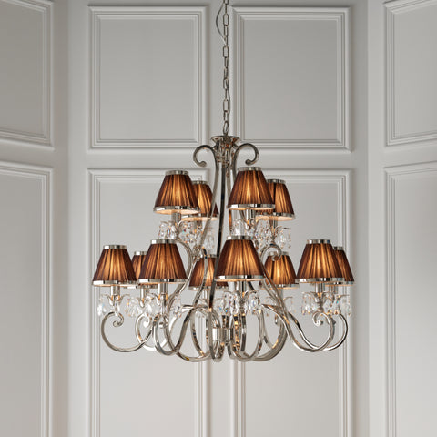 Oskana 12 light pendant candle chandelier with chocolate pleated lamp shades from our Interior 1900 