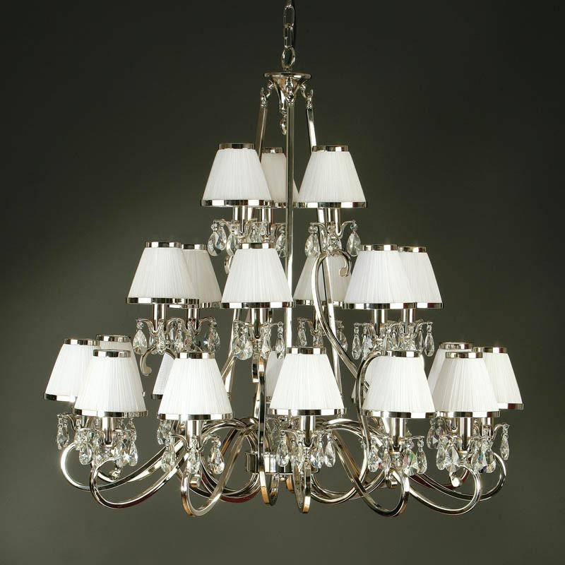 Oksana traditional 21 light candle chandelier with white pleated white shades from Interiors 1900 