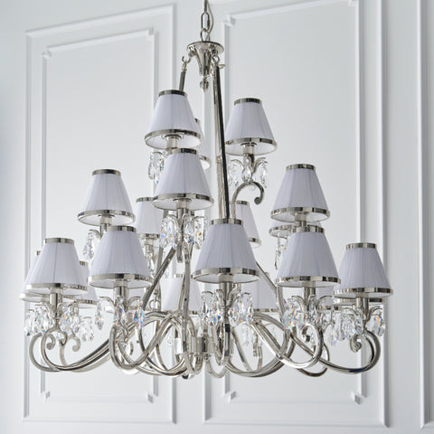 Oksana traditional 21 light candle chandelier with white pleated white shades from Interiors 1900 
