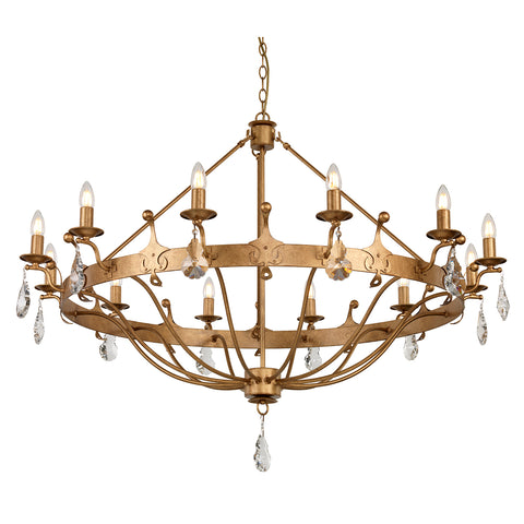 This Elstead Windsor 12 light large chandelier in a gold patina finish with crystal drops is made in Britain and boasts a crown-shaped frame and cartwheel band. Featuring a ceiling mount, chain link suspension, and a large sweeping frame attached by rods.