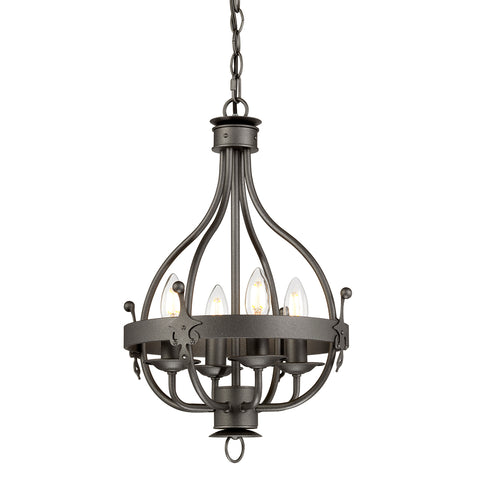 This Elstead Windsor 4 light ironwork chandelier pendant in graphite black finish is made in Britain and boasts a birdcage frame and cartwheel band. Featuring a ceiling mount, chain link suspension, sweeping birdcage frame, and outer cartwheel band. Four candle-style lights inside the frame are finished with metal pans and candle tubes. The cartwheel band is decorated with heraldic shields around the rim to give a classic style.