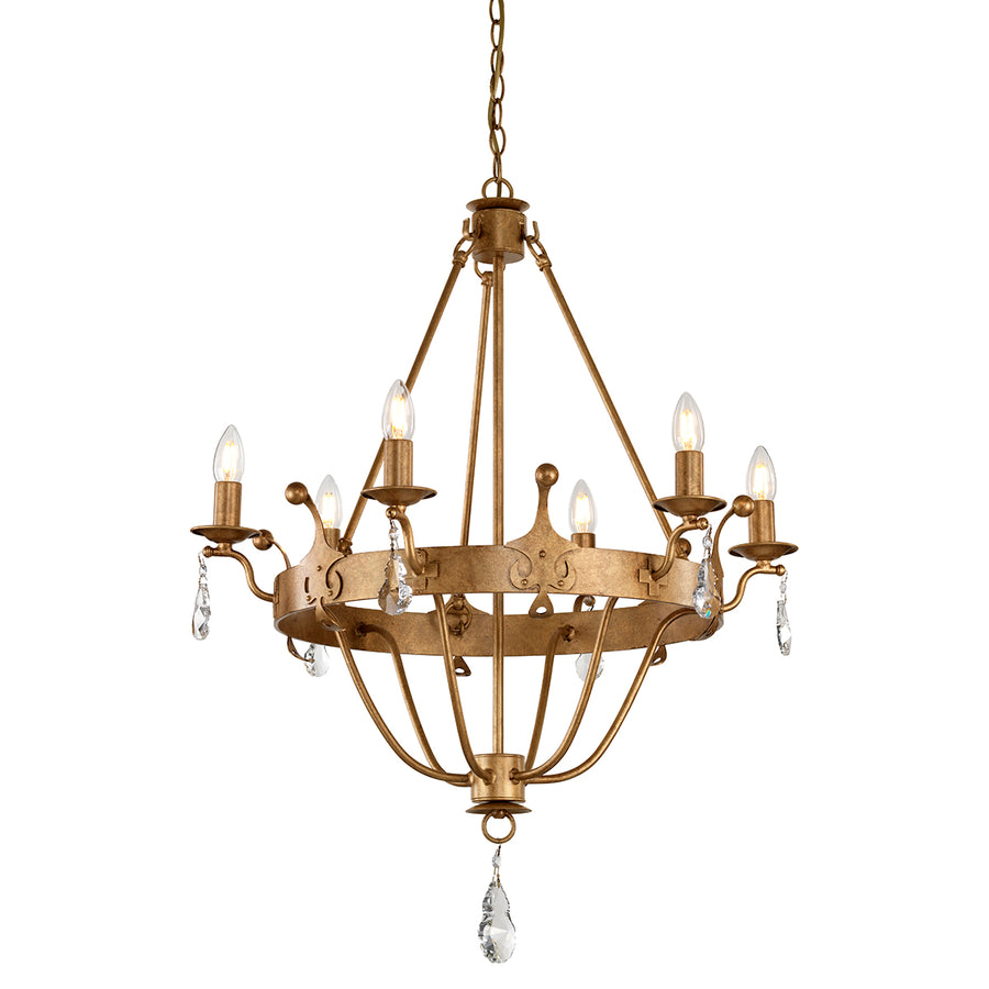 This Elstead Windsor 6 light chandelier in a gold patina finish with crystal drops is made in Britain and boasts a crown-shaped frame and cartwheel band. Featuring a ceiling mount, chain link suspension, and sweeping frame attached by rods.