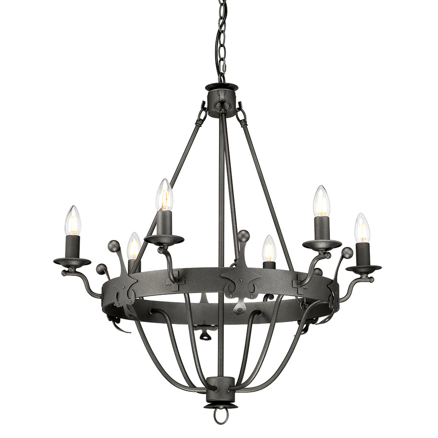 This Elstead Windsor 6 light ironwork chandelier in graphite black finish is made in Britain and boasts a crown-shaped frame and cartwheel band. Featuring a ceiling mount, chain link suspension, and sweeping frame attached by rods. 