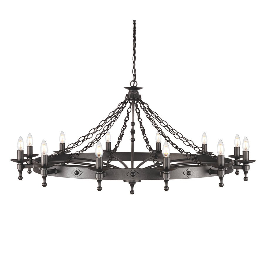 The Elstead Warwick Gothic 12 light large ironwork chandelier in graphite finish is handmade in England to the highest standards. This large heavy cartwheel chandelier features a heavy central drop rod suspended from matching chains and ceiling rose, with candle-style lights around the cartwheel frame boasting metal candle pans and matching candle tubes.