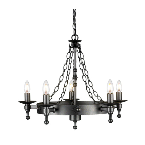 The Elstead Warwick Gothic 5 light ironwork chandelier in graphite finish is handmade in England to the highest standards. This heavy, hand-crafted cartwheel chandelier features a heavy central drop rod suspended from matching chains and ceiling rose, with candle-style lights around the cartwheel frame boasting metal candle pans and matching candle tubes.