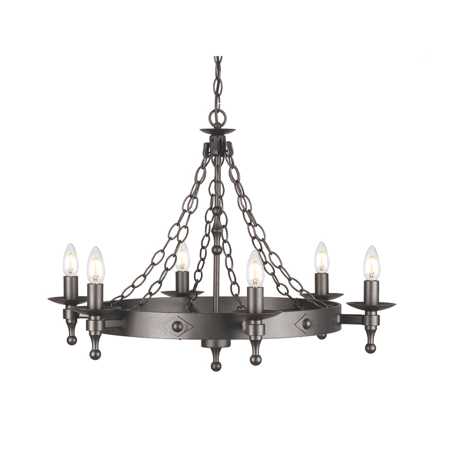 The Elstead Warwick Gothic 6 light ironwork chandelier in graphite finish is handmade in England to the highest standards. This heavy, hand-crafted cartwheel chandelier features a heavy central drop rod suspended from matching chains and ceiling rose, with candle-style lights around the cartwheel frame boasting metal candle pans and matching candle tubes.