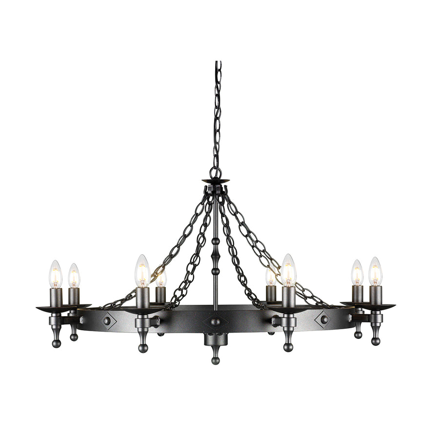 The Elstead Warwick Gothic 6 light large ironwork chandelier in graphite finish is handmade in England to the highest standards. This heavy, hand-crafted cartwheel chandelier features a heavy central drop rod suspended from matching chains and ceiling rose, with candle-style lights around the cartwheel frame boasting metal candle pans and matching candle tubes.